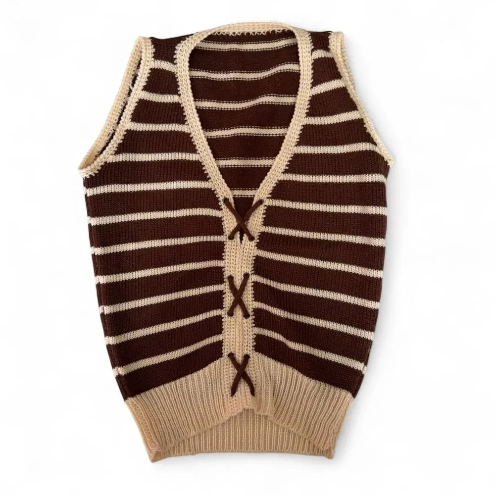 Vtg Brown & Cream Striped Knit Sweater size 6Y/7Y